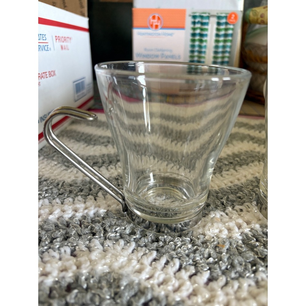 Vintage Bormioli Rocco Glass Espresso Cups with Metal Handles Set of 2 Italy